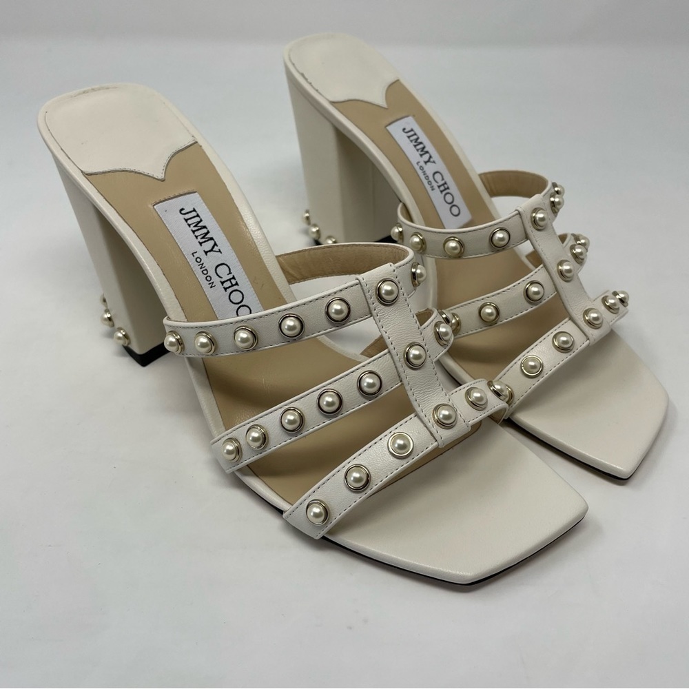 Nib JIMMY CHOO HAZAL 85 LATTE NAPPA CAGED MULES WITH PEARL STUDS IN CREAM - Picture 5 of 13